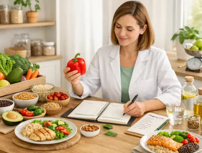 Dietista nutricionista planificando men&uacute;s saludables con alimentos frescos en consulta nutricional