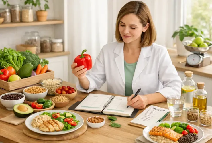 Dietista nutricionista planificando men&uacute;s saludables con alimentos frescos en consulta nutricional