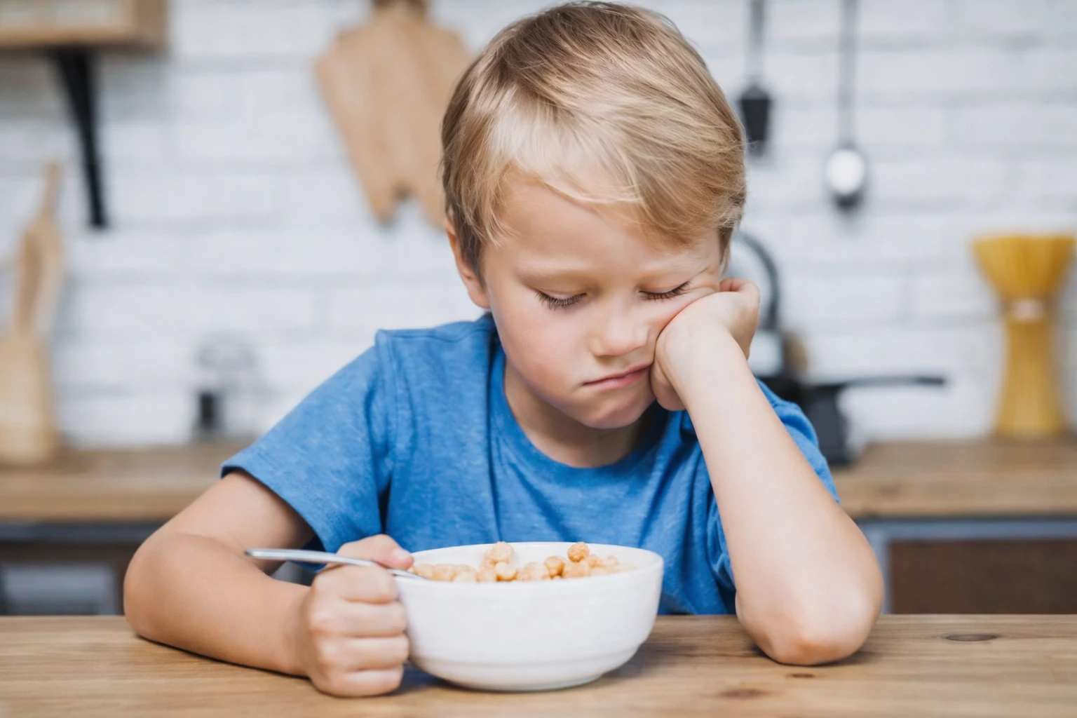Ni&ntilde;o peque&ntilde;o mostrando rechazo a la comida sentado frente a un bol durante la hora de comer