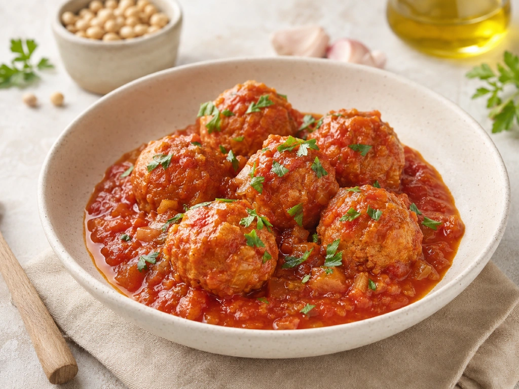 Alb&oacute;ndigas de soja en salsa de tomate con verduras, servidas con acabado gourmet y luz natural