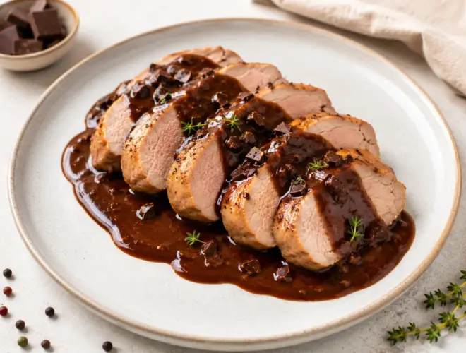 Solomillo de cerdo con salsa ligera de chocolate negro servido en plato claro con presentaci&oacute;n gourmet luminosa.