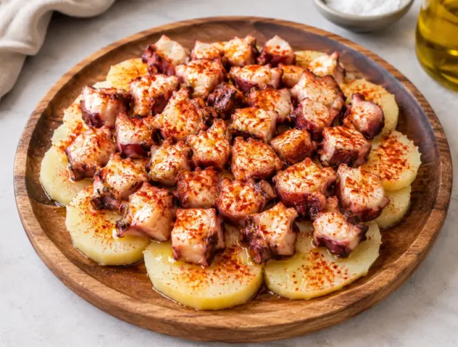 Pulpo a la gallega fácil servido sobre patatas cocidas con pimentón dulce, aceite de oliva y sal en escamas, en tabla de madera y luz natural.