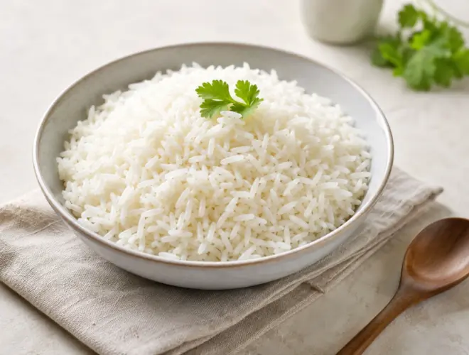 Arroz basmati hervido suelto en bol claro, servido con presentación luminosa y estilo gourmet.