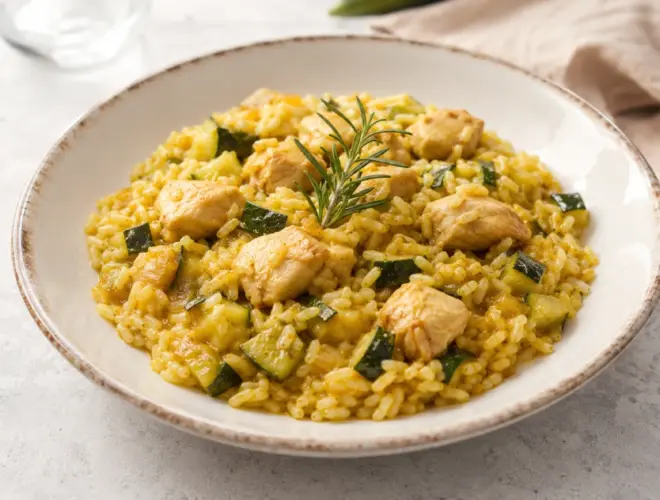 Arroz con pollo y calabac&iacute;n FODMAP servido en un bol claro con arroz especiado, pollo y verduras.