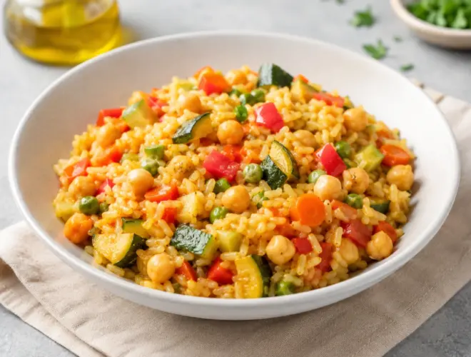 Arroz con verduras y garbanzos en conserva con calabac&iacute;n, zanahoria, pimiento rojo y perejil en plato claro