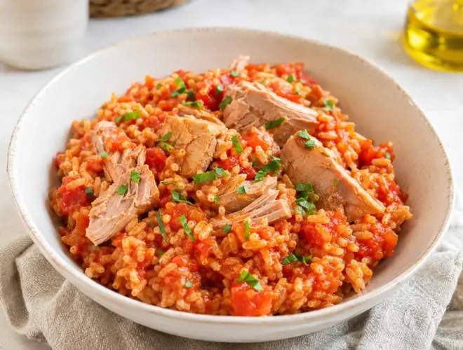 Atún con tomate y arroz servido en un cuenco claro, con salsa roja, hierbas frescas y luz natural sobre fondo neutro.