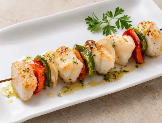 Brocheta de rape FODMAP con pimientos, calabac&iacute;n, tomate cherry y aceitunas negras en plato blanco luminoso