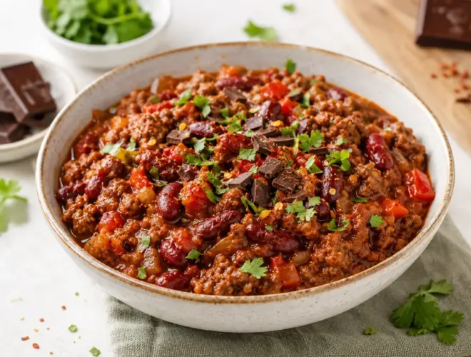 Chili saludable de carne magra con chocolate negro, alubias rojas, tomate y pimiento rojo en cuenco cer&aacute;mico luminoso