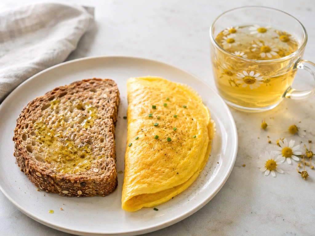 Rebanada de pan sin gluten tostada con aceite de oliva y tortilla francesa, servida como desayuno sin gluten en un plato claro.