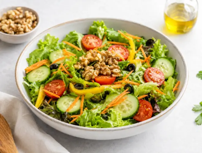 Ensalada FODMAP luminosa con lechuga, pepino, tomate, zanahoria rallada y ali&ntilde;o de lim&oacute;n y aceite de oliva.