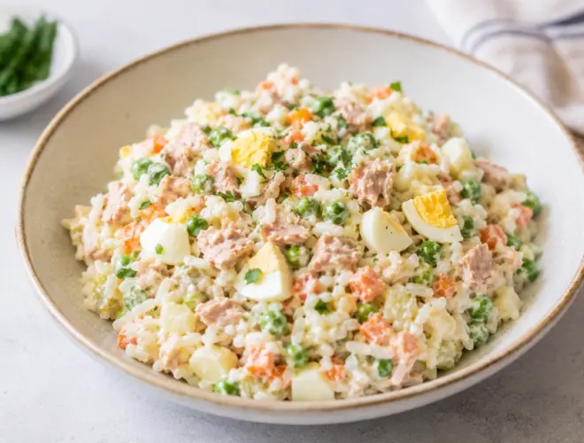 Ensaladilla de arroz con at&uacute;n y huevo servida en bol claro con tomate, pepino y pimiento rojo.