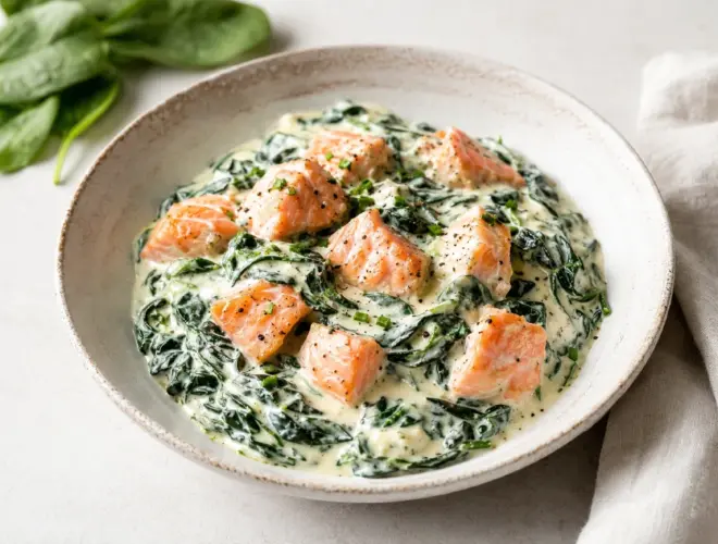 Espinacas a la crema con salmón gratinadas en fuente blanca, con espinacas cremosas y dados de salmón dorados en luz natural.