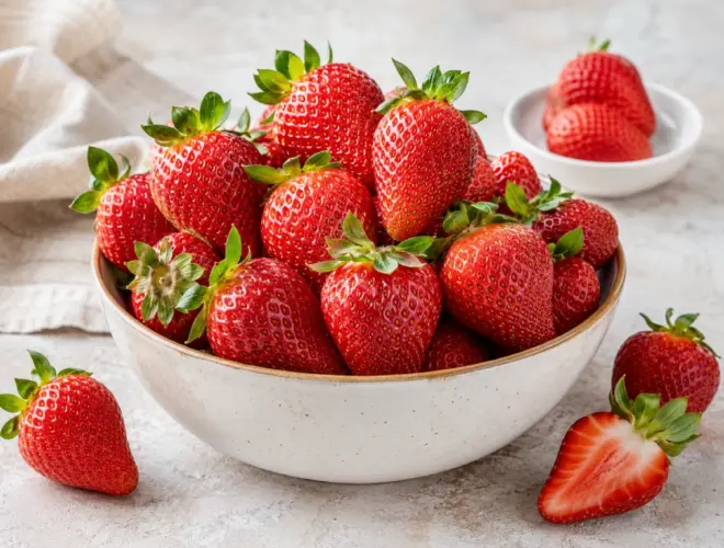 Fresas frescas lavadas en bol de cer&aacute;mica sobre fondo claro, fotograf&iacute;a gastron&oacute;mica luminosa y realista.