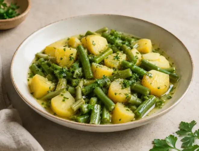 Jud&iacute;as hervidas con patata FODMAP servidas en plato claro con ali&ntilde;o de aceite de oliva, luz natural y fondo neutro