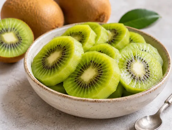 Kiwi pelado en rodajas servido en un bol de cer&aacute;mica sobre fondo neutro, fotograf&iacute;a luminosa y realista de fruta fresca.