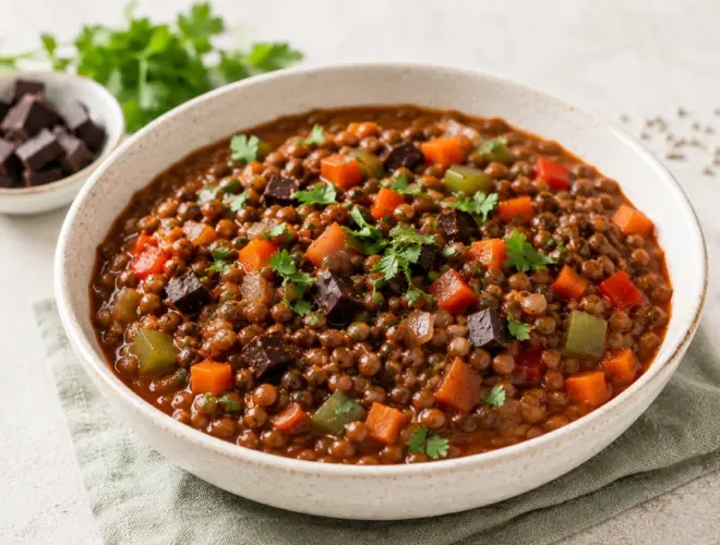 Lentejas especiadas con verduras y chocolate negro en cuenco cer&aacute;mico, con salsa rojiza, especias y presentaci&oacute;n luminosa