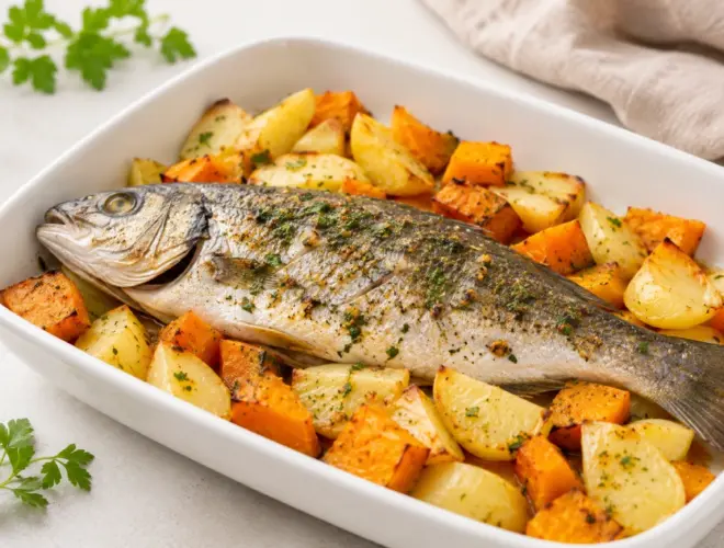 Lubina al horno con patata y calabaza servida en fuente blanca con perejil, lim&oacute;n y acabado dorado.