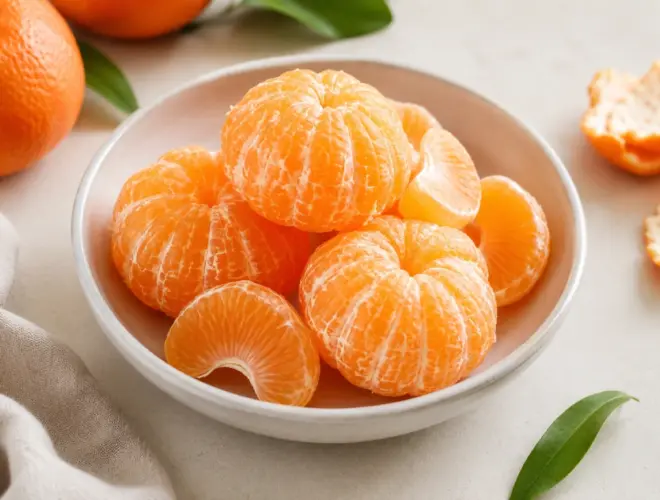 Mandarina fresca pelada servida en un cuenco claro con una presentaci&oacute;n luminosa, natural y gourmet.