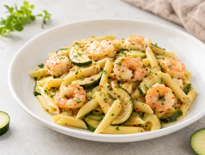 Pasta sin gluten con gambas y calabac&iacute;n servida en plato blanco con perejil, lim&oacute;n y acabado luminoso gourmet.