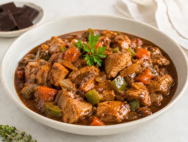 Pavo guisado con verduras y chocolate negro en salsa de tomate, servido en plato claro con presentaci&oacute;n gourmet y luminosa.