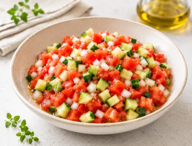 Picadillo de tomate y pepino fresco en bol claro con ali&ntilde;o de aceite de oliva, estilo luminoso y saludable.