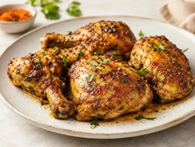 Pollo con especias dorado a la plancha con mezcla arom&aacute;tica de piment&oacute;n, c&uacute;rcuma y hierbas, servido en plato blanco sobre fondo neutro