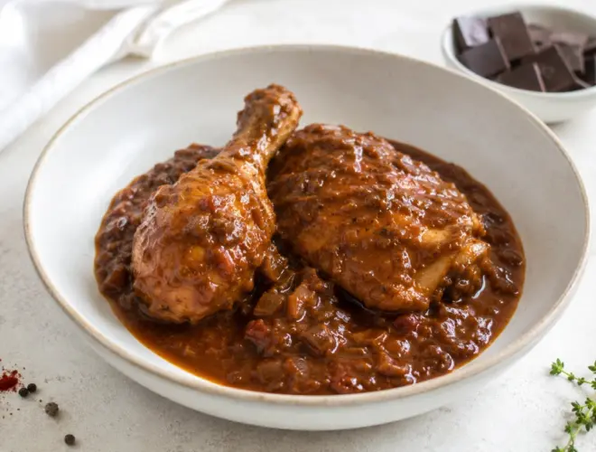 Pollo con salsa de tomate, especias y chocolate negro servido en plato claro con salsa brillante y presentaci&oacute;n gourmet luminosa.