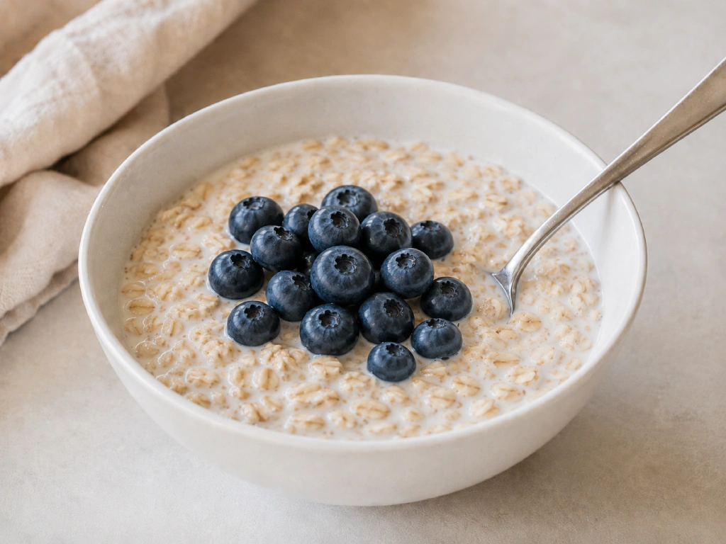 Porridge de avena con leche sin lactosa en cuenco blanco, fotograf&iacute;a gourmet luminosa con topping m&iacute;nimo y fondo neutro.