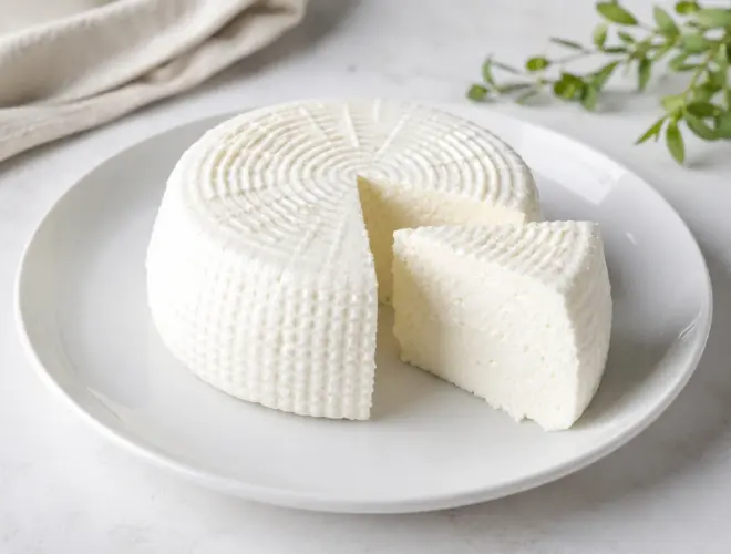 Queso fresco sin lactosa en plato blanco, corte limpio, fotograf&iacute;a gourmet luminosa con fondo neutro