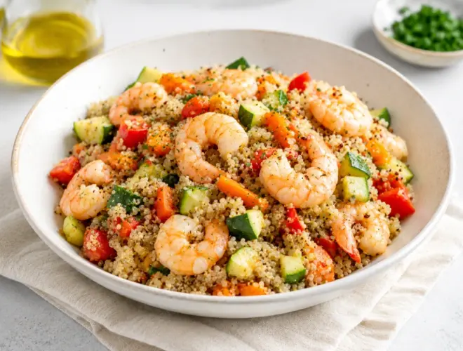 Quinoa con gambas y verduras con calabac&iacute;n, zanahoria, pimiento rojo, lim&oacute;n y perejil en plato claro