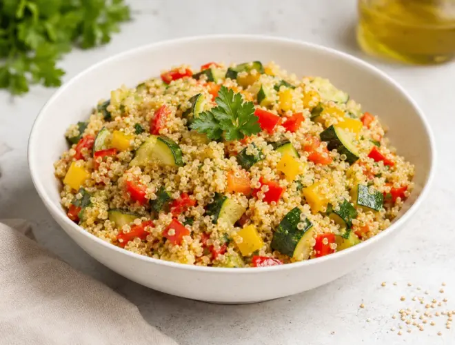 Quinoa con verdura salteada (calabac&iacute;n, pimiento rojo, tomate, zanahoria y cebolla) en cuenco blanco, fotograf&iacute;a luminosa y realista.