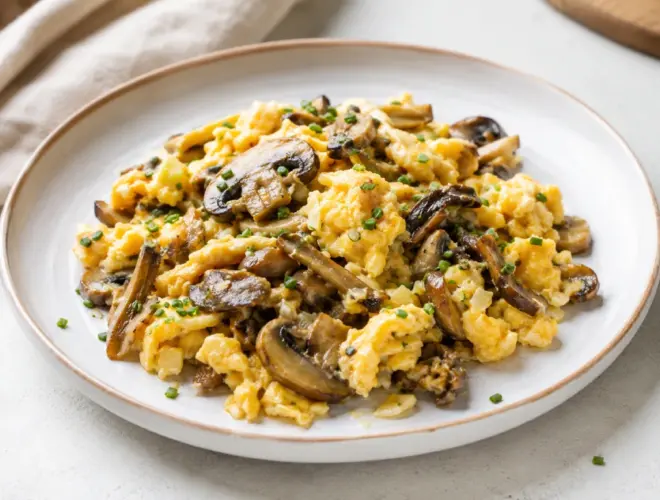 Revuelto de setas cremoso con huevo jugoso y setas salteadas, servido en plato blanco con luz natural y fondo neutro
