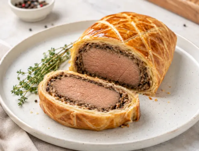 Solomillo Wellington de ternera con hojaldre dorado y cebolla caramelizada, cortado en rebanadas y servido en plato.