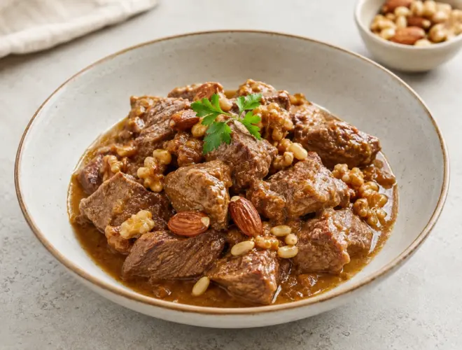 Ternera con frutos secos en salsa, guiso meloso con castañas, orejones y ciruelas, servido en plato claro con luz natural y fondo neutro