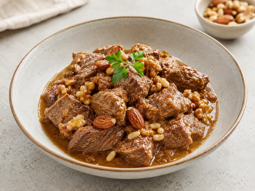 Ternera con frutos secos en salsa, guiso meloso con casta&ntilde;as, orejones y ciruelas, servido en plato claro con luz natural y fondo neutro