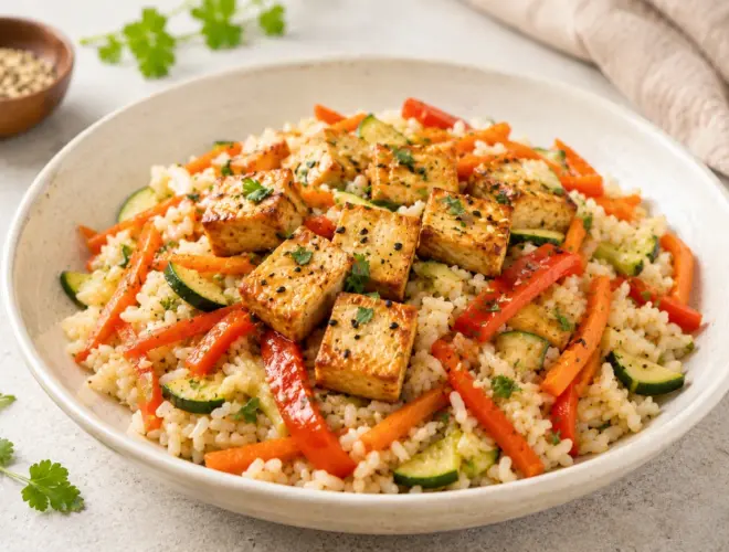 Tofu firme con arroz y verduras servido en bol cer&aacute;mico con calabac&iacute;n, zanahoria, pimiento rojo y perejil.