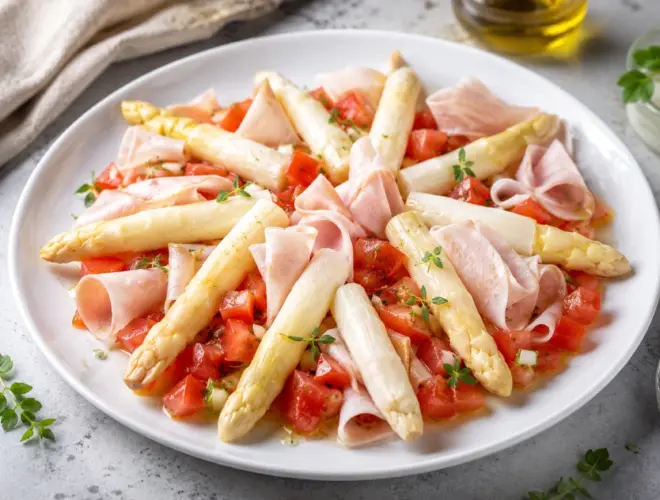 Tomate picado con esp&aacute;rragos blancos y fiambre de pavo con salsa de yogur, presentado en plato blanco con luz natural y estilo gourmet