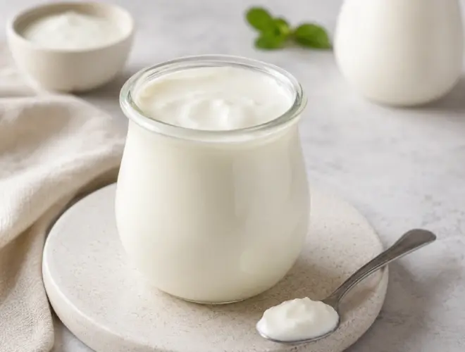 Yogur desnatado sin lactosa servido en tarro de cristal sobre plato claro, con cuchara, en una escena luminosa y minimalista.