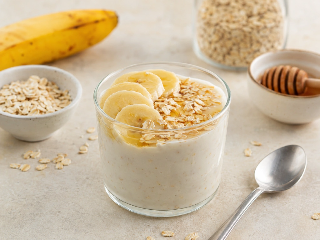 Yogur sin lactosa con pl&aacute;tano y avena en bol blanco, textura cremosa y copos visibles, fondo neutro luminoso