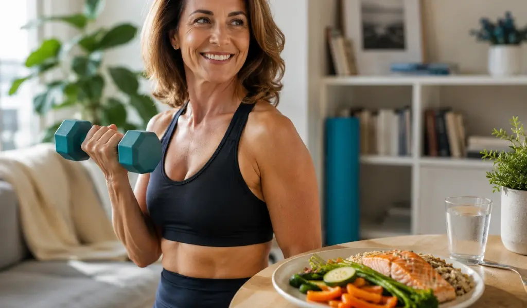 Mujer haciendo ejercicio de fuerza para adelgazar despu&eacute;s de los 40