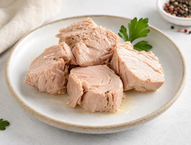 At&uacute;n al natural escurrido y servido en plato claro con presentaci&oacute;n luminosa y sencilla