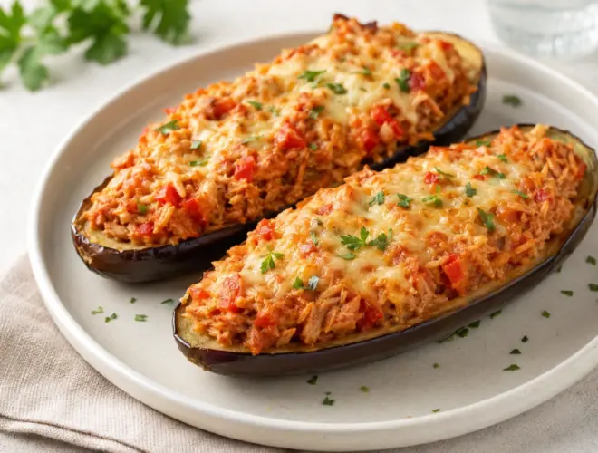 Berenjenas rellenas de at&uacute;n gratinadas con queso en un plato blanco