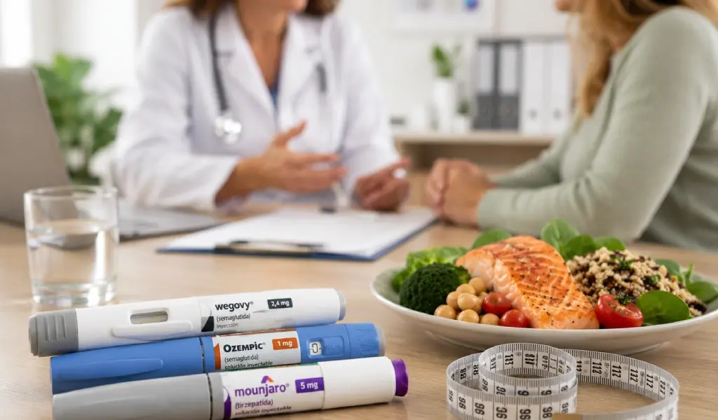 Plumas de medicamentos como Ozempic, Wegovy y Mounjaro junto a una cinta m&eacute;trica