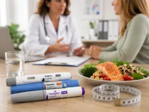como-evitar-engordar-en-navidad-trucos-infalibles-para-disfrutar-sin-culpa Plumas de medicamentos como Ozempic, Wegovy y Mounjaro junto a una cinta métrica