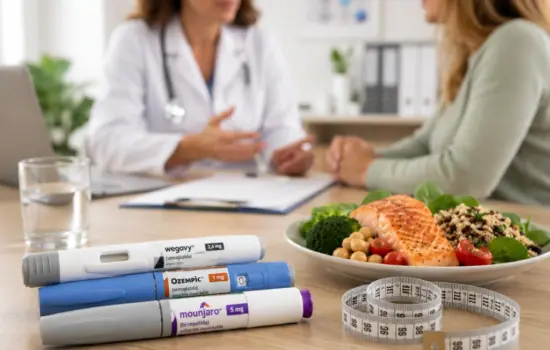 Plumas de medicamentos como Ozempic, Wegovy y Mounjaro junto a una cinta métrica