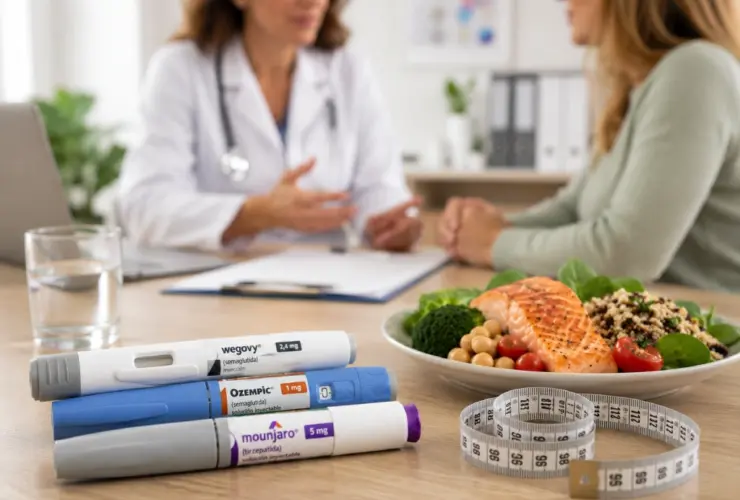 Plumas de medicamentos como Ozempic, Wegovy y Mounjaro junto a una cinta m&eacute;trica