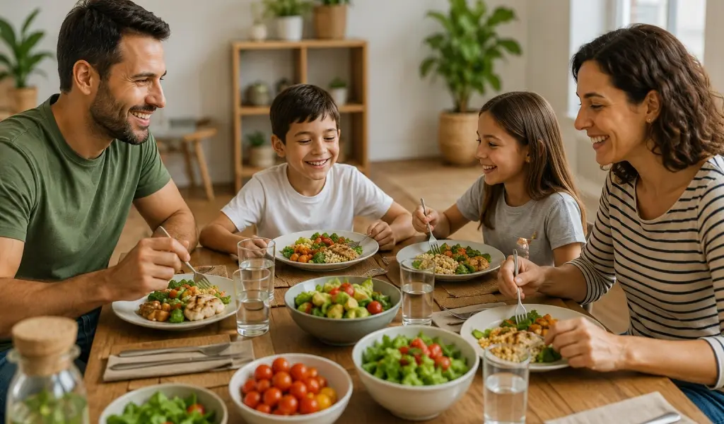 Familia comiendo un menú saludable en casa para volver a comer sano después del verano sin hacer dietas milagro
