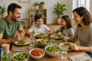 Familia comiendo un men&uacute; saludable en casa para volver a comer sano despu&eacute;s del verano sin hacer dietas milagro