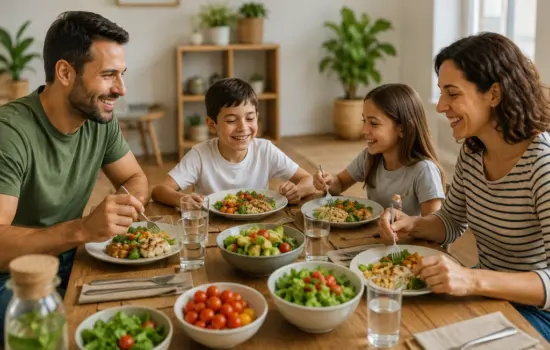 Familia comiendo un menú saludable en casa para volver a comer sano después del verano sin hacer dietas milagro