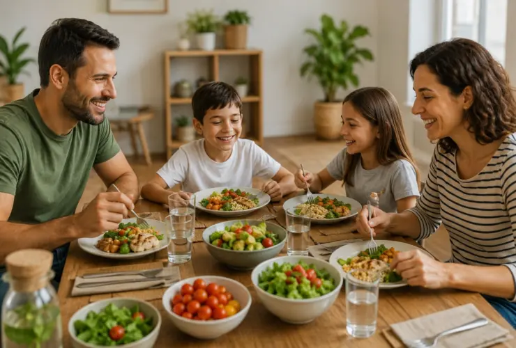 Familia comiendo un men&uacute; saludable en casa para volver a comer sano despu&eacute;s del verano sin hacer dietas milagro